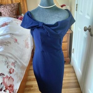 ECI Navy Blue Off-Shoulder Midi Dress
